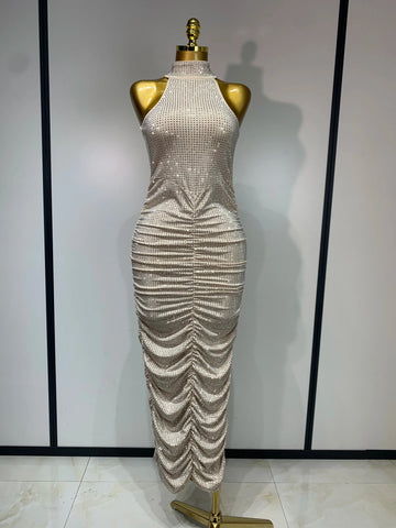Women Sexy Backless Sleeveless Sparkly Diamonds Dress Slim Formal Elegant Celebrity Cocktail Party Luxury Birthday Gown Vestido Beige