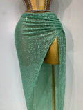 Women Sexy Nightclub Skirt Sets Strapless Diamonds Sequines Two Piece Sets Gogo Performance Outfit Evening Party Birthday Dress