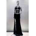 Luxury Shining Diamond Halter Black Velvet floor Lenght Evening Dress Celebrity Birthday Party Outfit Performance Costume