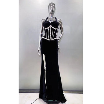 Luxury Shining Diamond Halter Black Velvet floor Lenght Evening Dress Celebrity Birthday Party Outfit Performance Costume