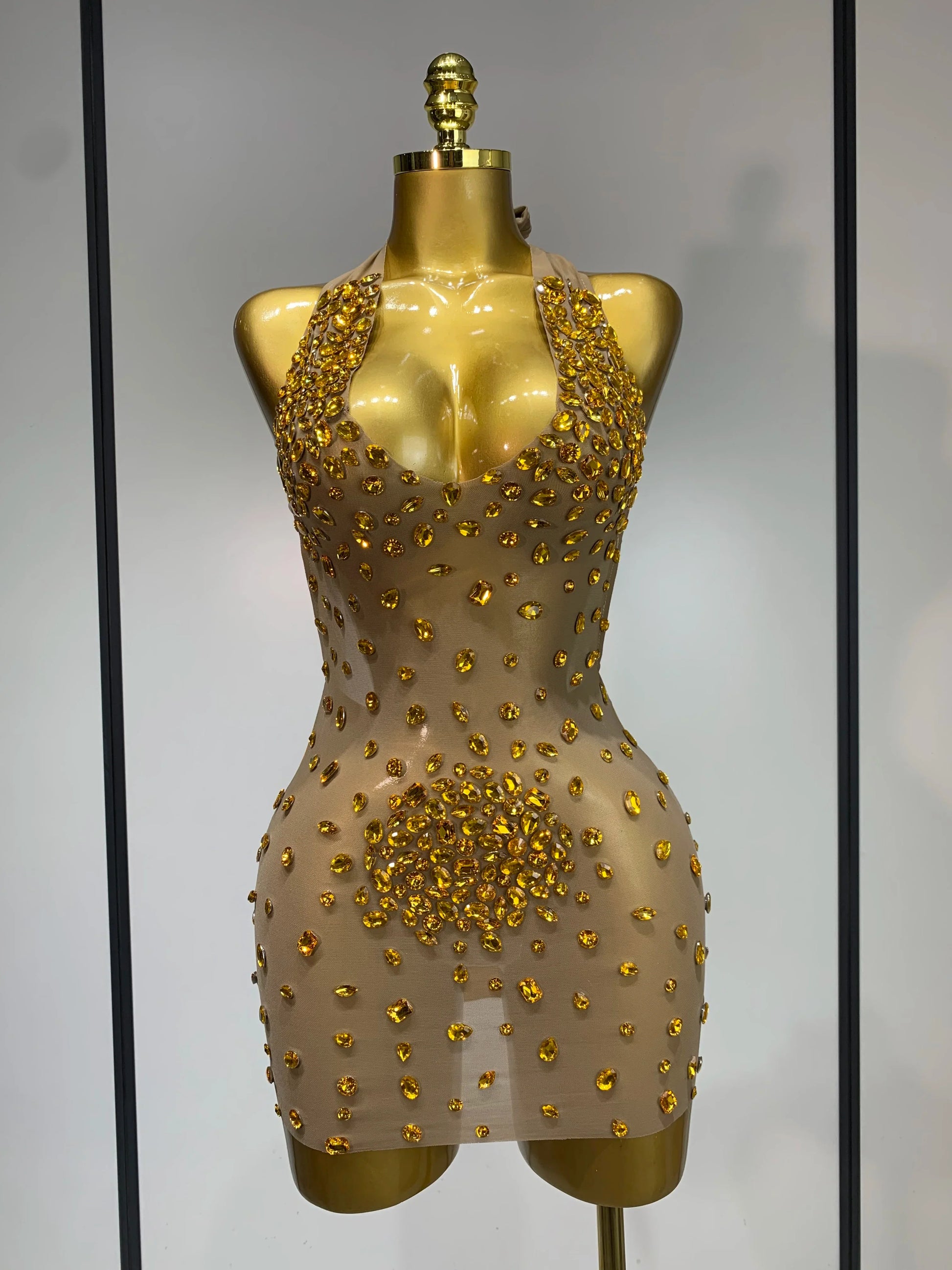Luxury Rhinestones Backless Mini Dress Women Sexy Mesh Transparent Celebrate Evening Birthday Photo Shoot Perform Stage Outfit Yellow
