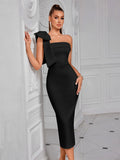 Formal White Evening Cocktail Party Prom Elegant One Shoulder Wedding Guest Mid-calf Length Celebrity Women Dresses Club black