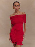 Charming Red Off-Shoulder Dress with Ruched Details for Elegant Dinner Party Evening Gown