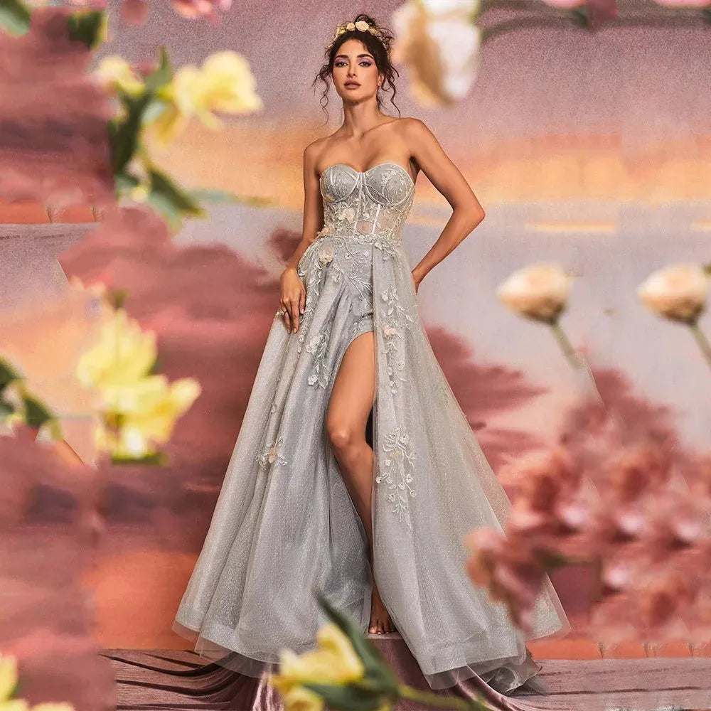 Grey Strapless Prom Dress Sweet 3D Flower فساتين مناسبة رسمية Princess Side Split A-line Tulle Vestidos De Noche