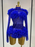 Sexy See Through Rhinestone Bodysuit Women Sexy Tight Mesh Ruffles Performance Dancer Singer Costume Nightclub Stage Outfit Blue