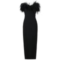Woman Strapless Feather Design Dress For Party Chic Bodycon Bandage Black Long Dress Vestido black