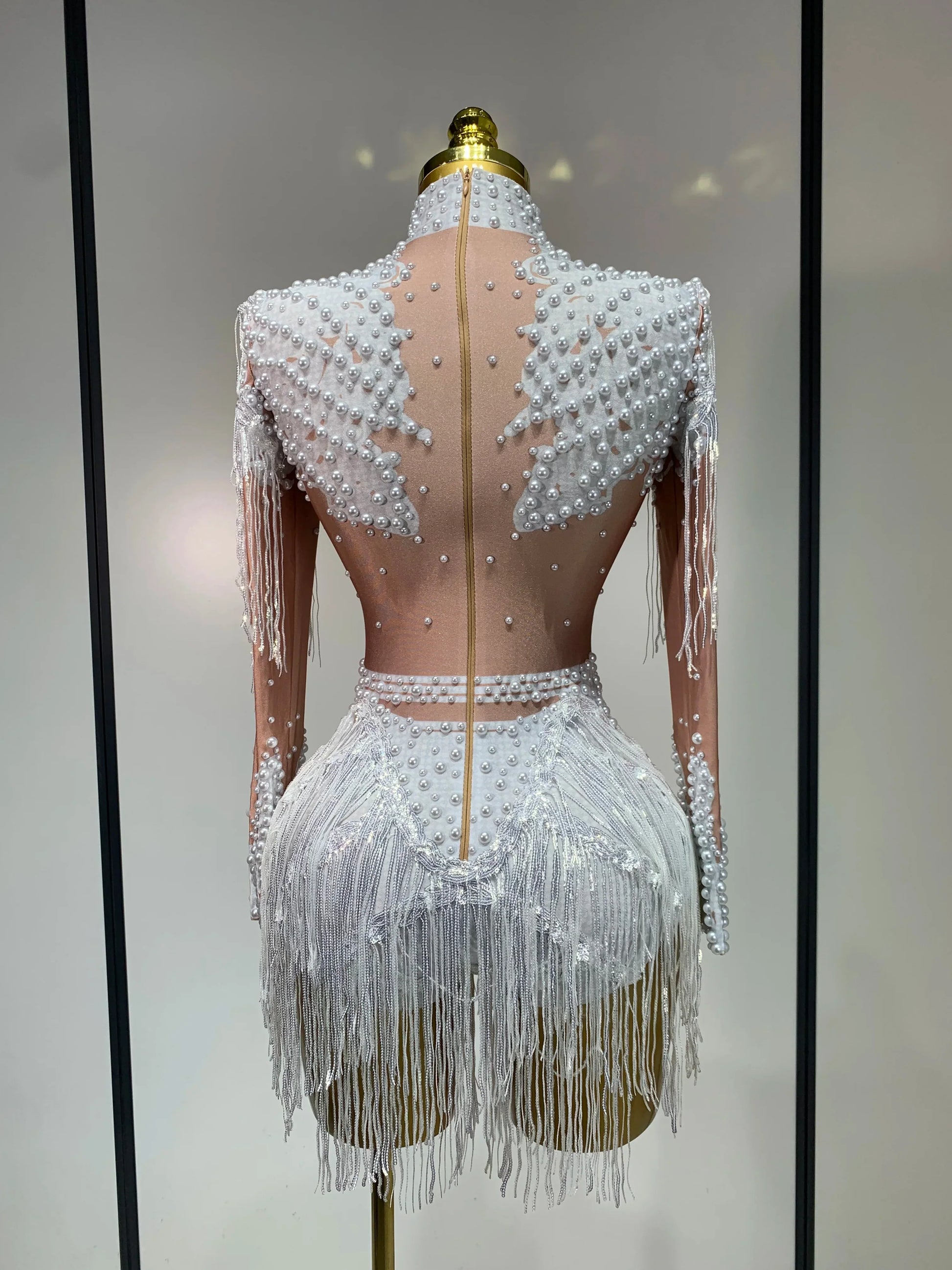 Women Long Sleeve Sexy Stretch Bodycon Shinning Tassels Rhinestones Bodysuit Celebrate Birthday Club Evening Party Stage Outfit