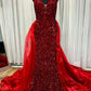 Wine Red Prom Dresses Shiny Sequins V-neck vestidos de noche Elegant Sleeveless Detachable Long Train Formal Evening