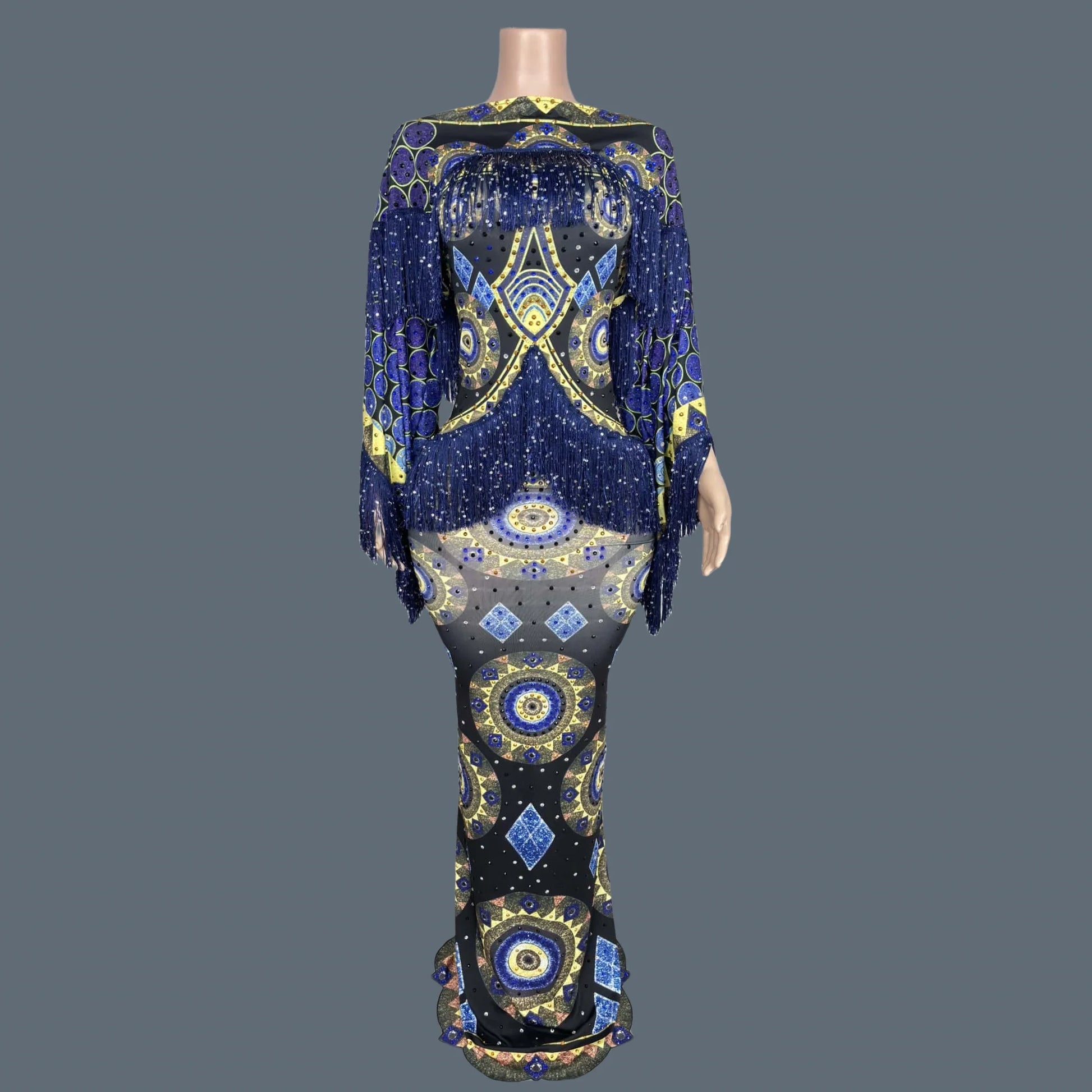 Spandex Bodycon Evening Gown Printing Tassel Long Dress Birthday Celebrate Party Queen Outfit Festival Event Couture Chengbao Long Sleeved