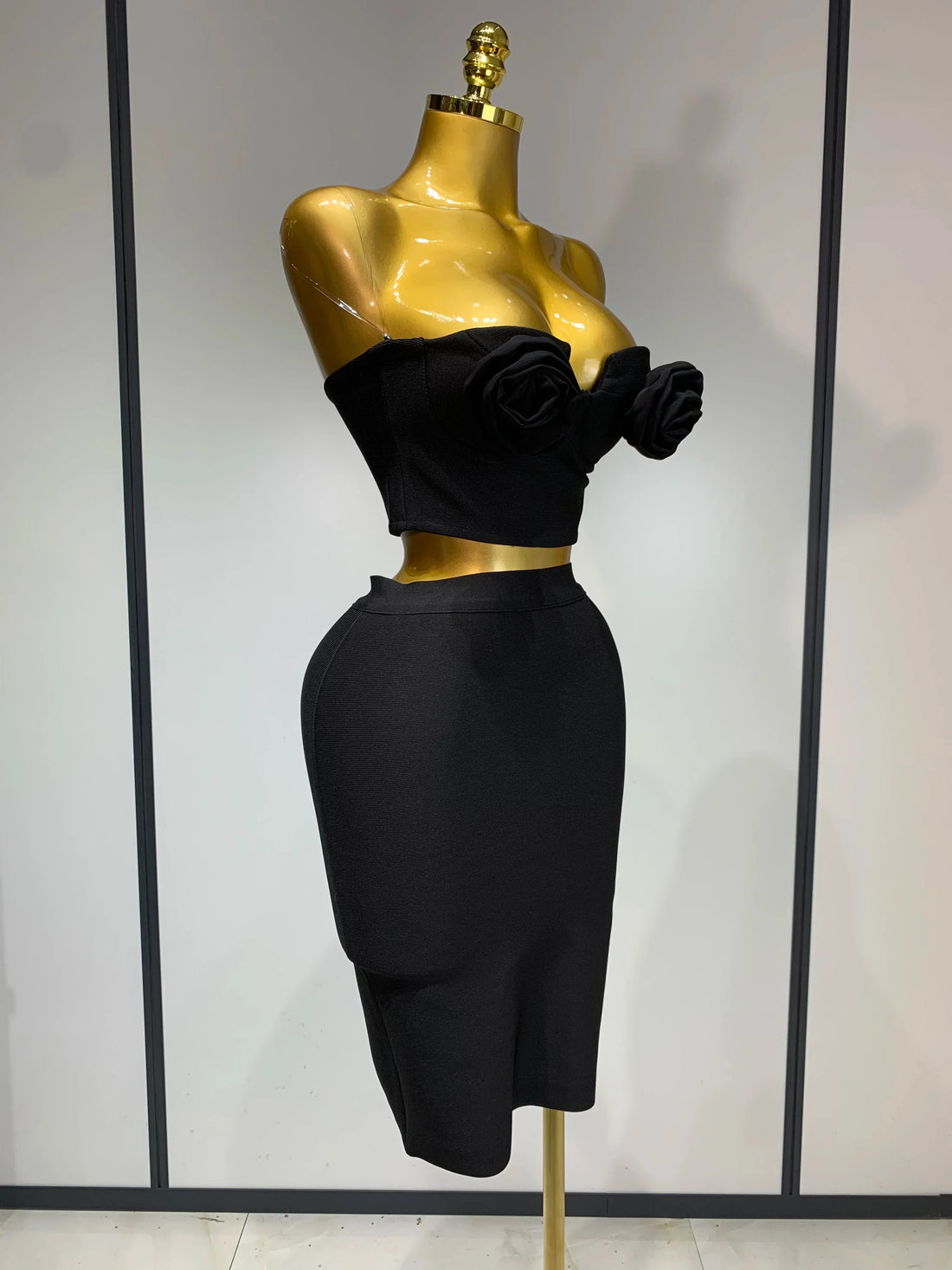 Women 3D Flower Black Bodycon Bandage Two Piece Set Designer High Waist Evening Party Club Birthday Skirt Set black