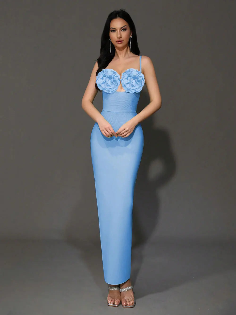 Sexy Women'S Light Luxury Flower Design Bandage Dress Spaghetti Strap Sleeveless Bodycon Backless Long Dresses Vestidos