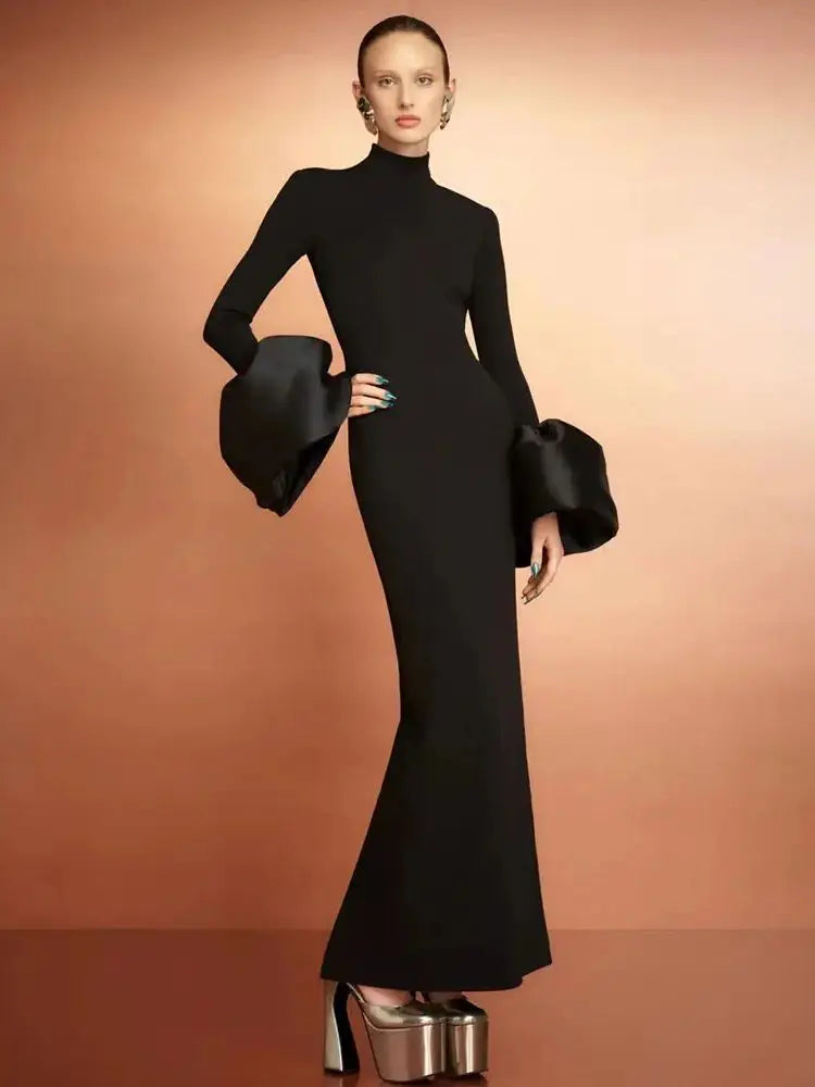 Elegant Women's Black Maxi Dress Stand up Neck Flare Sleeves Bodycon Bandage Long Dresses Cocktail Evening Party Vestidos black