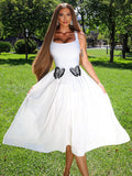 Fresh White Spaghetti Sleeveless Square-Neck with Lace Butterfly Details Midi Dress for Garden Party Gown