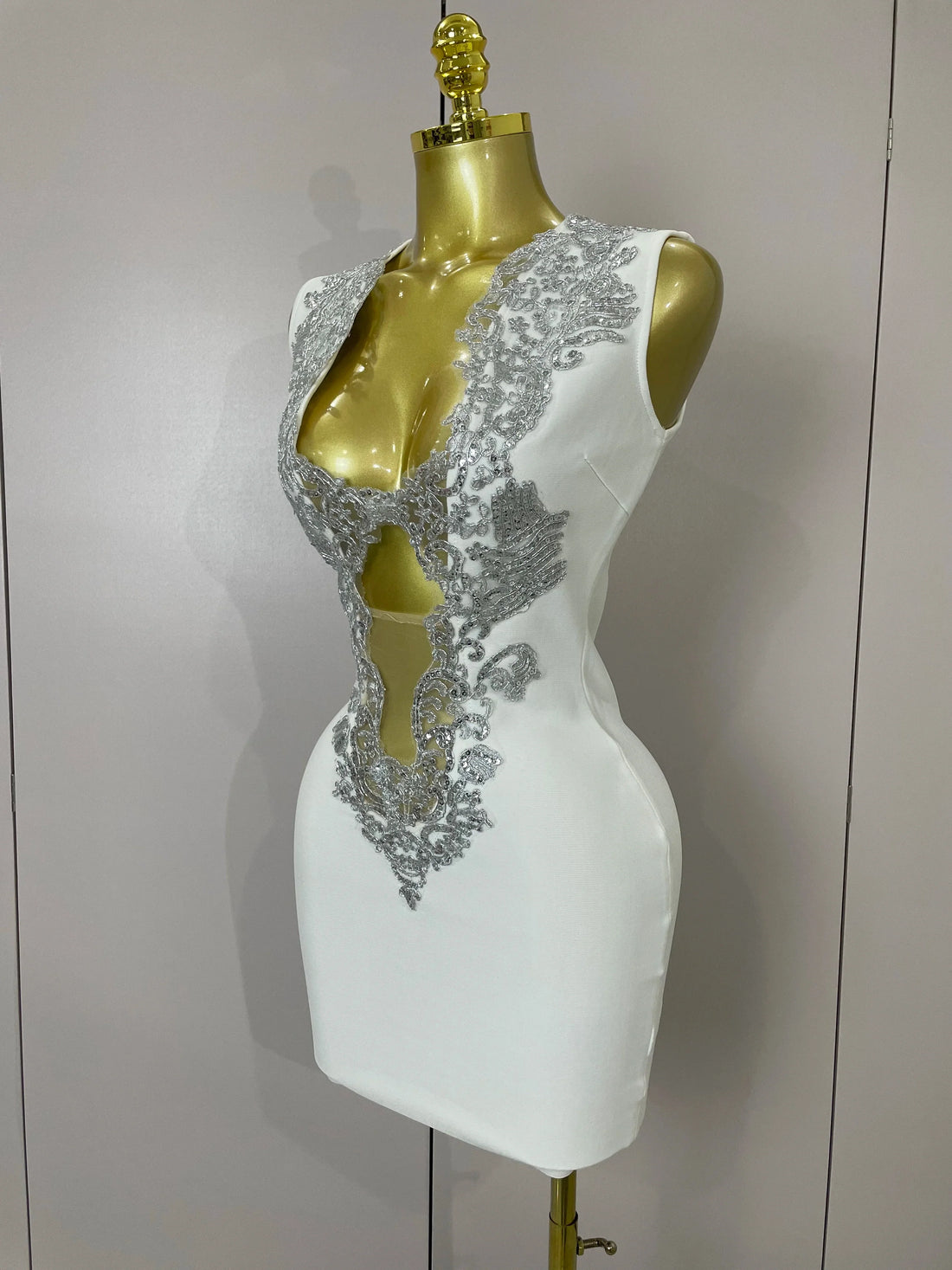 Sexy Silver Sequin White V Neck Cut Out Short Bandage Dress Women Elegant Luxury Birthday Party Club Wedding Vestidos WHITE