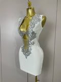 Sexy Silver Sequin White V Neck Cut Out Short Bandage Dress Women Elegant Luxury Birthday Party Club Wedding Vestidos