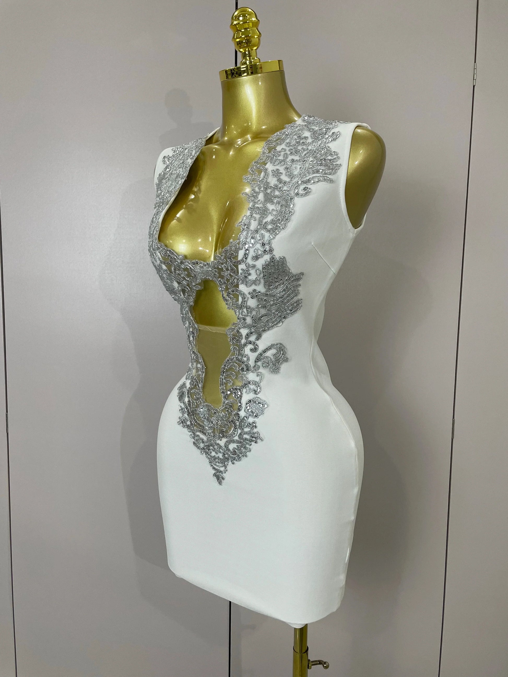 Sexy Silver Sequin White V Neck Cut Out Short Bandage Dress Women Elegant Luxury Birthday Party Club Wedding Vestidos