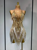 Luxury Rhinestone Tassel Sexy Women Short Latino Dance Dress Birthday Nightclub Bar Sleeveless Sparkly Performance Stage Outfit Gold