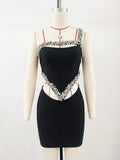 Sexy Women'S Heavy-Duty Nail Bead Rhinestone Bandage Dress, One Shoulder Sleeveless Bodycon Hollow Out Backless Mini Dress black