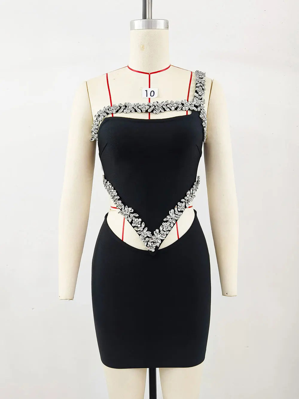 Sexy Women'S Heavy-Duty Nail Bead Rhinestone Bandage Dress, One Shoulder Sleeveless Bodycon Hollow Out Backless Mini Dress black