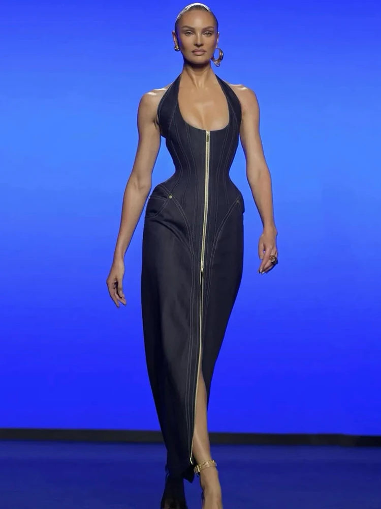 Edgy-Chic Denim Halter Zipper Sleeveless Backless Maxi Dress for Fashion Date Night Gown