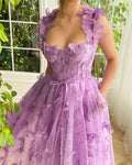 Purple Sleeveless Asymmetrical Prom Dress Lace Embroidery Tulle Fabric Floor-Length