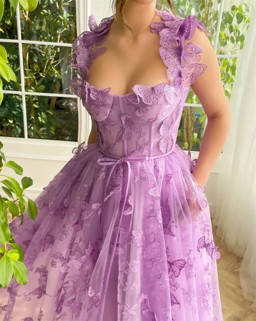 Purple Prom Dresses Lace Embroidery Tulle فساتين السهرة Elegant Sleeveless 3D Butterfly Floor-Length vestidos verano moda