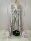 Luxury Feathers Cloak White Printing Sexy Sheath Jumpsuit Women Evening Party Bar Nightclub Singer Stage Performance Costume MULTI