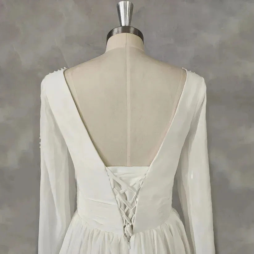 V-Neck A-Line Long Puff Sleeves Chiffon Wedding Dress Lace Up Back Court Train Bridal Gown Custom Made Ivory 20w