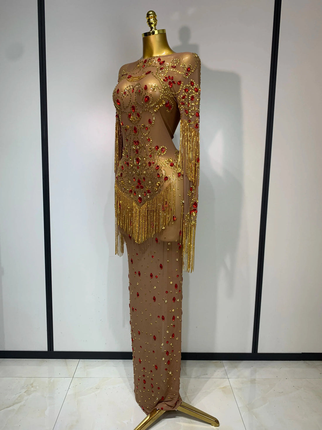 See Through Elastic Mesh Sparkly Rhinestone Stage Performan Costume Luxury Birthday Evening Party Wedding Dress Dark Brown