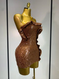 Women Sexy Strapless Backless Brown Sequins Mini Dress Celebrity Elegant Evening Party Club Luxury Birthday Guest Gown