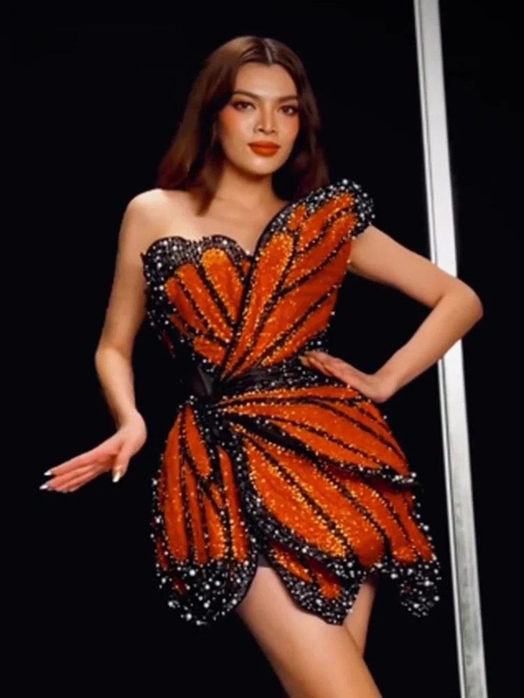 Luxury Dress For Women Beautiful Butterfly Shape Design Sequins Mini Celebrity Party Vestido New Trendy