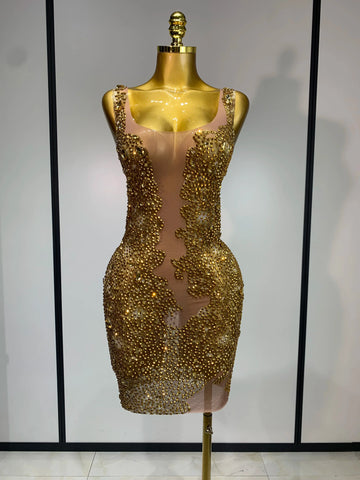 Women Sexy Stage Perform Outfit Club Gown Shining Gold Rhinestones Elegant Mesh Dress Birthday Evening Party Photoshoot Costume Gold