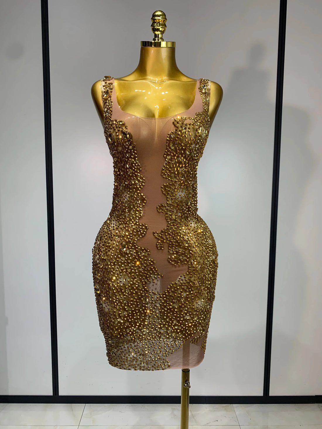 Women Sexy Stage Perform Outfit Club Gown Shining Gold Rhinestones Elegant Mesh Dress Birthday Evening Party Photoshoot Costume Gold