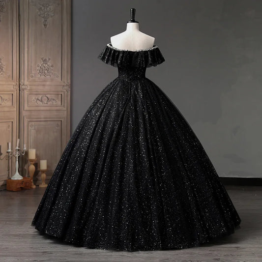 Novo vestido de baile preto simples luxo bling shining quinceanera vestidos clássicos fora do ombro, vestidos inchados no chão para baile