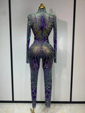 Women Sparkly Rhinestones Mesh Bodycon Jumpsuit Singer Stage Performance Dance Costume Nightclub Party Luxury Birthday Outfit