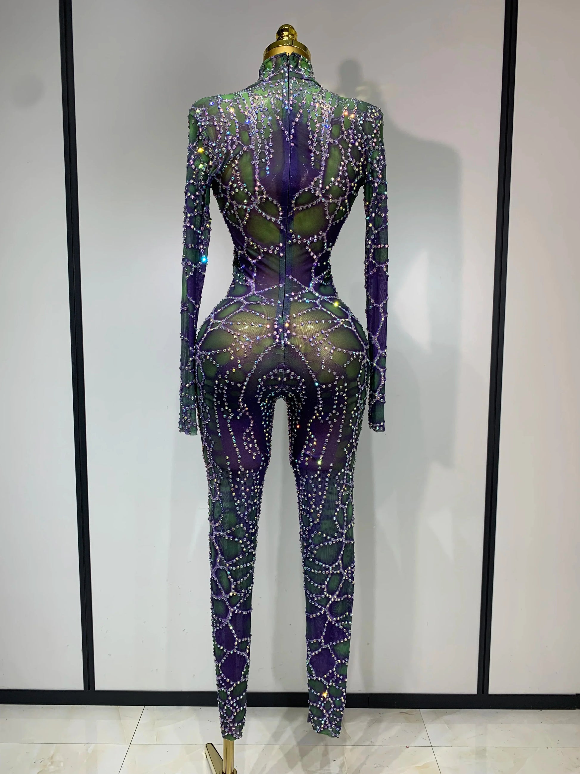 Women Sparkly Rhinestones Mesh Bodycon Jumpsuit Singer Stage Performance Dance Costume Nightclub Party Luxury Birthday Outfit