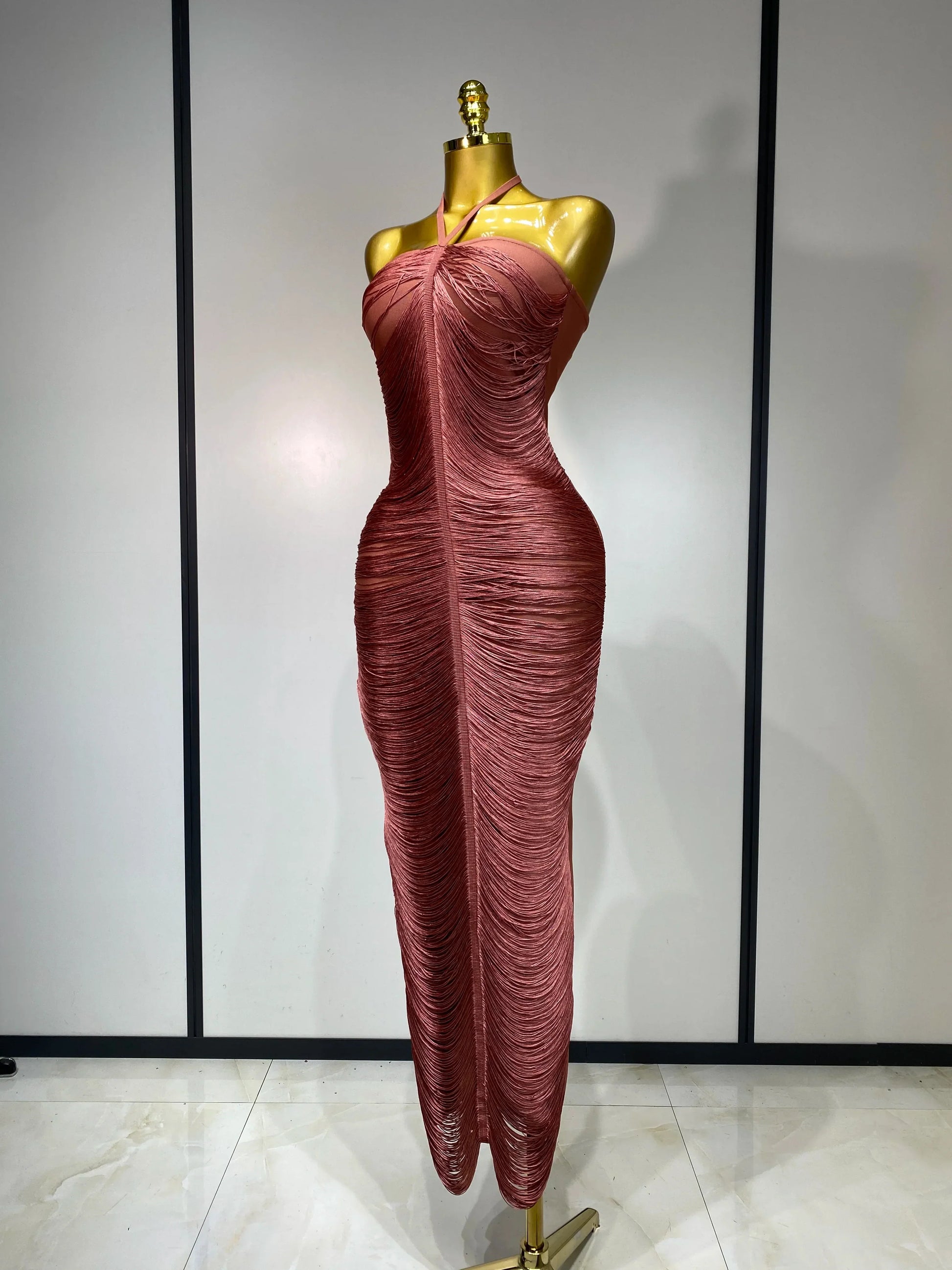 Women Sexy Celebrity Backless Halter Tassel Bodycon Bandage Dress Elegant Celebirty Evening Party Luxury Birthday Dress