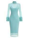 Sexy Turtleneck Ruffle-Cuff Mesh Tight Long Dress Women Long Sleeves Ruffles Bodycon Midi Dresses Evening Party Cocktail Club