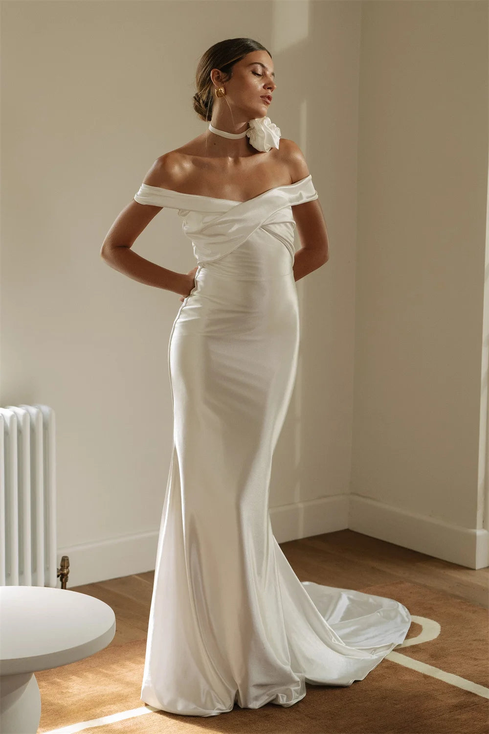 White Satin Prom Dresses Off the Shoulder فساتين السهرة Elegant Sleeveless Mermaid Side Split vestidos verano moda