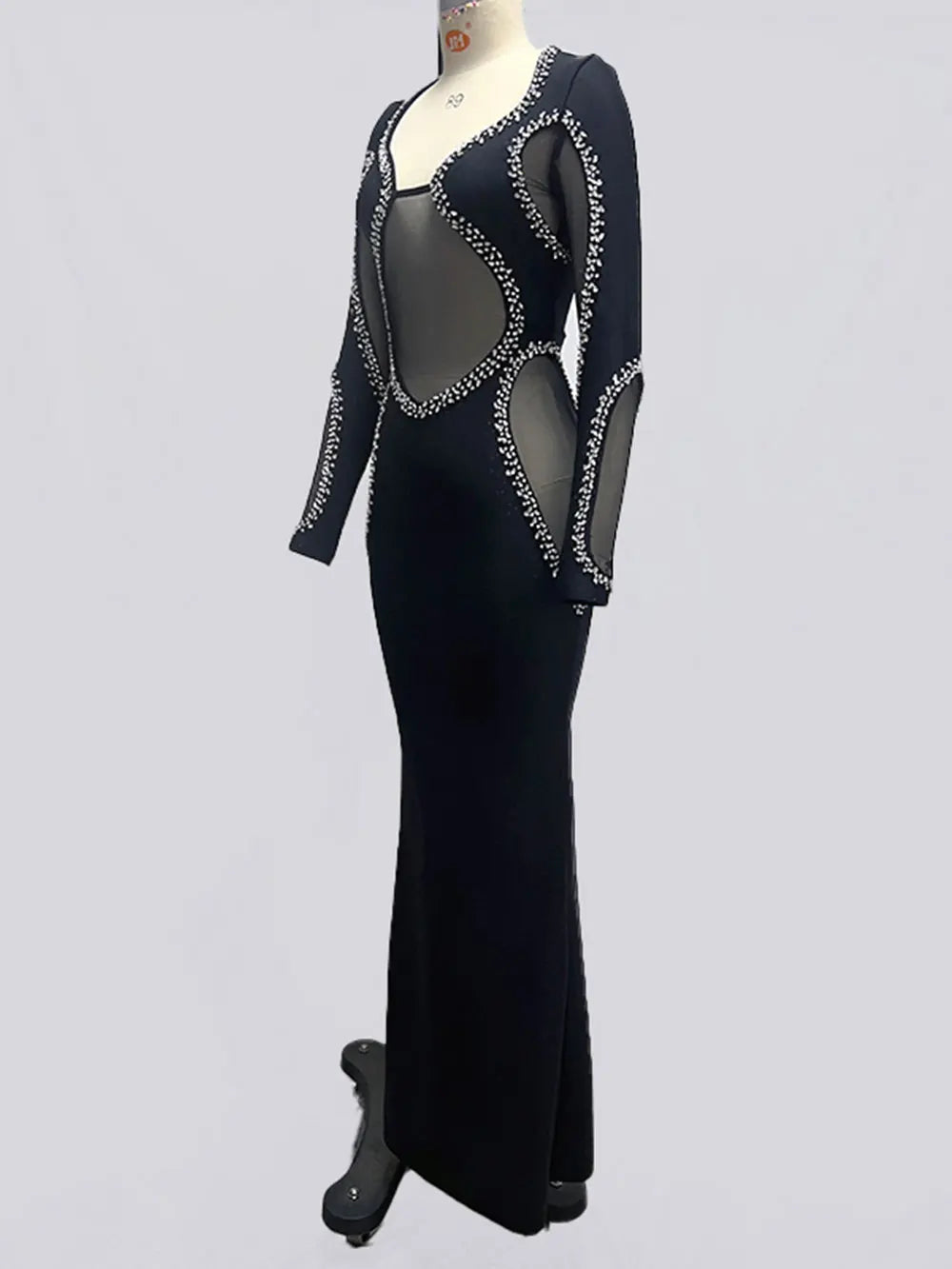 Autumn Women's Light Luxury Diamond Mesh Patchwork Bandage Dress Long Sleeve Bodycon Tail Dresses Evening Party Vestidos