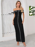 Top Quality Women Sexy Slash Neck Off the Shoulder Shinning Diamond Bodycon Long Bandage Dress Elegant Evening Party Dress black