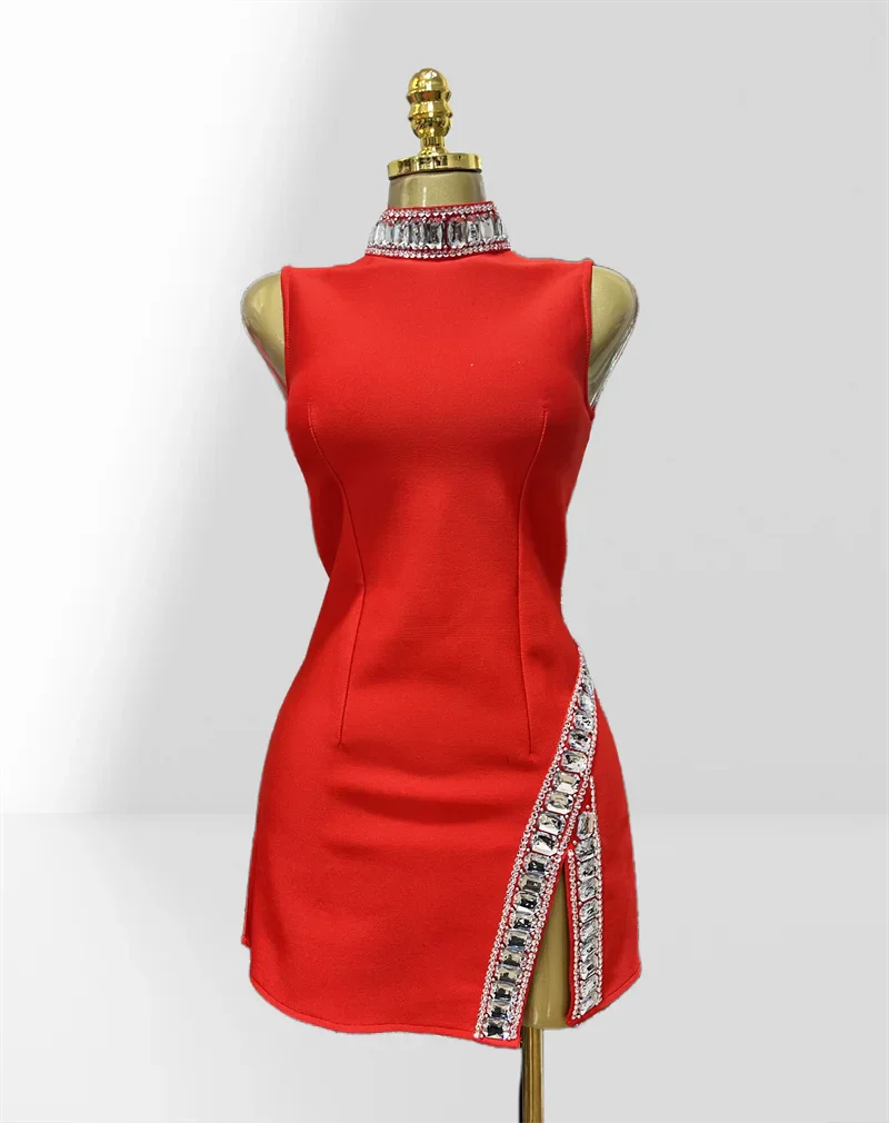 Summer Super shining Diamonds O-neck Sleeveless Bandage Mini Dress Fashion Woman Birthday Party Dress Music Festival Outfit Red