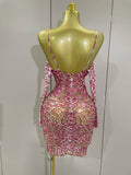 Sexy Sparkly Rhinestones Mesh Mini Dress With GlovesWomen Evening Birthday Party Celebrate Costume Dancer Stage Wear