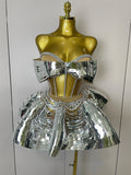 Women Silver Sequins Rhinestone Sexy Backless Two Piece Set Birthday Party Club Fancy Outfit Stage Performance Costume Silver