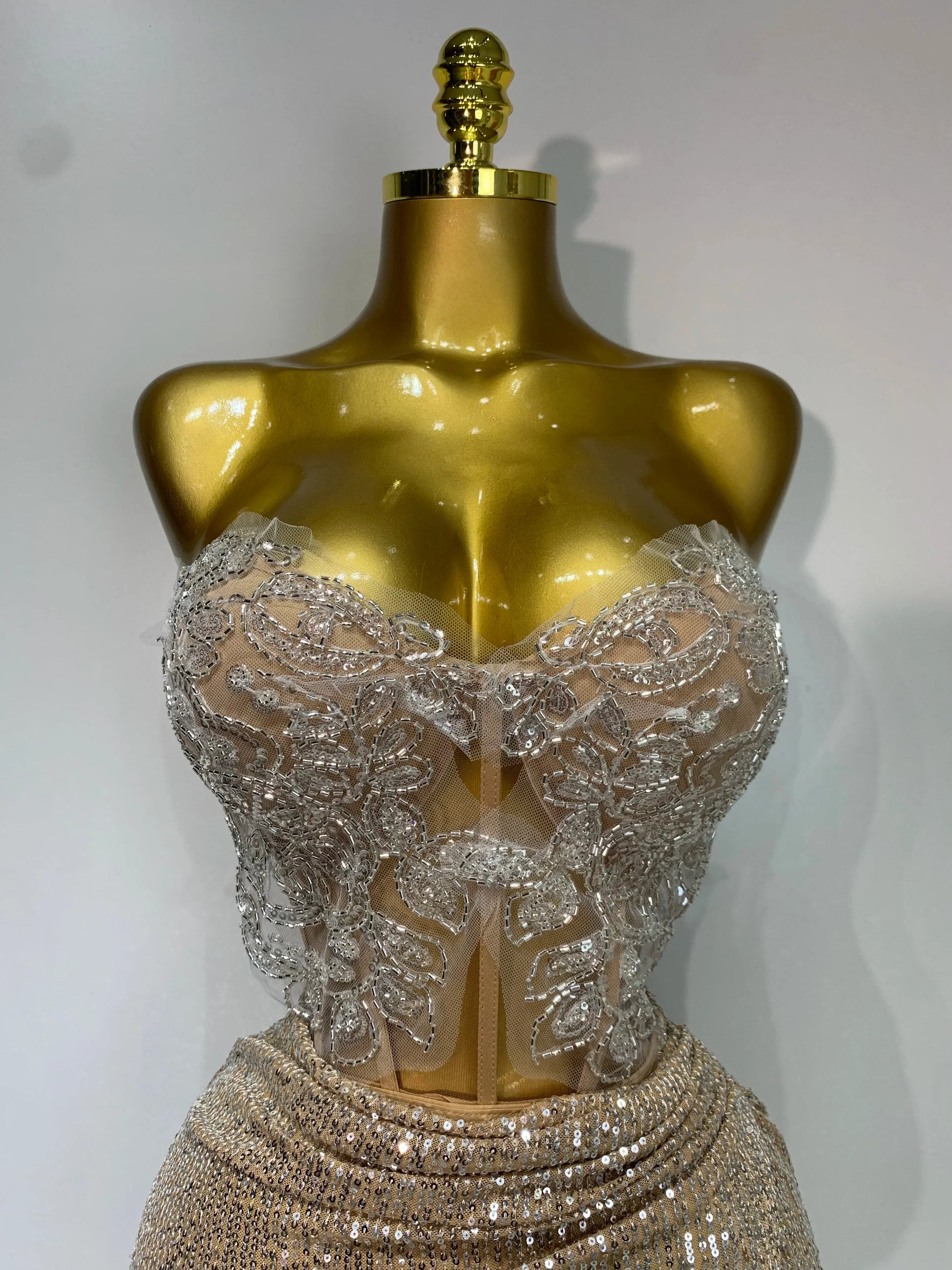 Shinning Beading Sequins Women Sexy Strapless Bodycon Two Pieces Set Celebrate Nightclub Party Luxury Birthday Stage Outfit