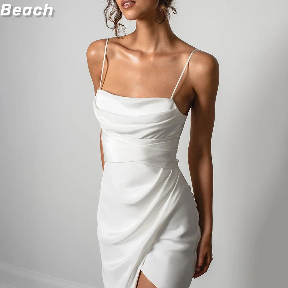 Beach Satin Simple Mermaid White Wedding Dress Spaghetti Straps High Slit Backless Plain Bridal Gown Sweep Train Vestido de