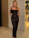 Elegant Black Lace Spaghetti-Strap Maxi Dress for Sophisticated Occasions Party Evening Gown