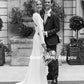 Elegant Einfache Langarm Hochzeitskleid Satin 2020 O-Neck Open Rücken Meerjungfrau Brautkleider mit Sweep-Zug Plus Size