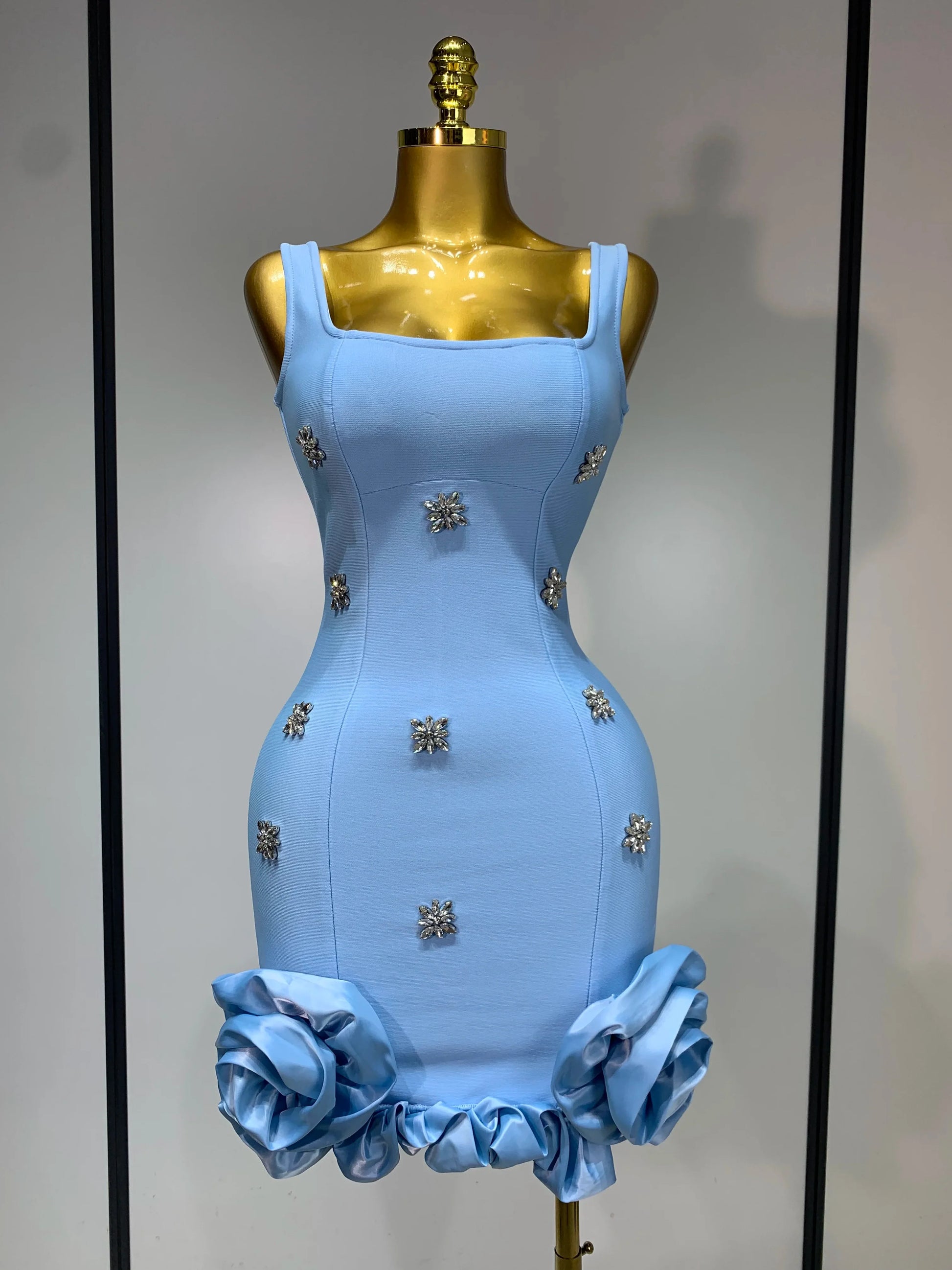 Shining Diamonds Sleeveless Sexy Bodycon Mini Bandage Dress Ruffles Celebrate Evening Party Luxury Birthday Outfit Vestido SKY BLUE