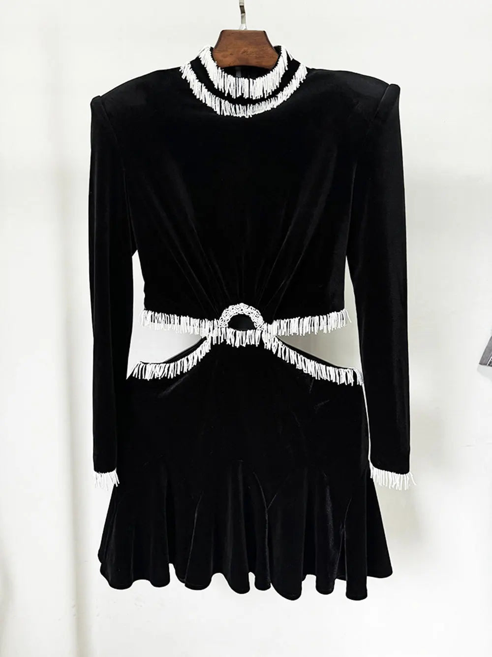 Sexy Women's Open Waist Tassel Velvet Dress Stand Collar Long Sleeve Slimming Mini Dress Celebrity Evening Party Vestidos black